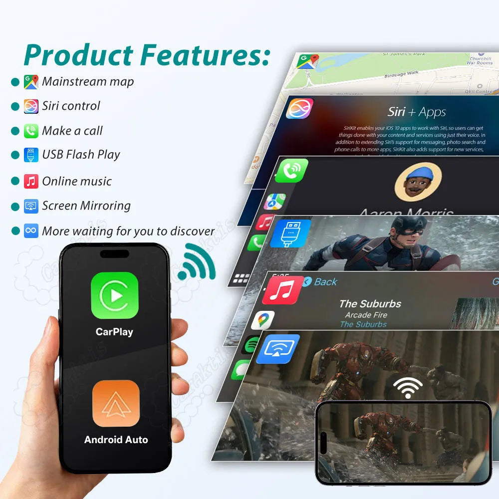Product features list for Lexus CarPlay module including mainstream map, Siri control, hands-free calls, USB playback, online music, and screen mirroring.