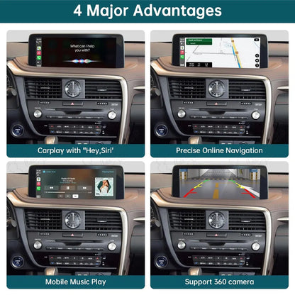 Four major advantages of the Lexus CarPlay module including Siri voice control, precise online navigation, mobile music play, and support for 360-degree camera.