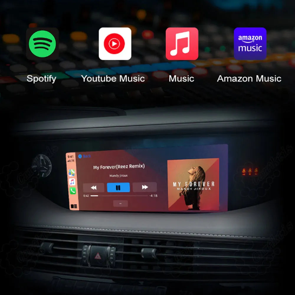 Music playing interface on Lexus dashboard screen via CarPlay supporting Spotify, YouTube Music, and Amazon Music streaming apps.