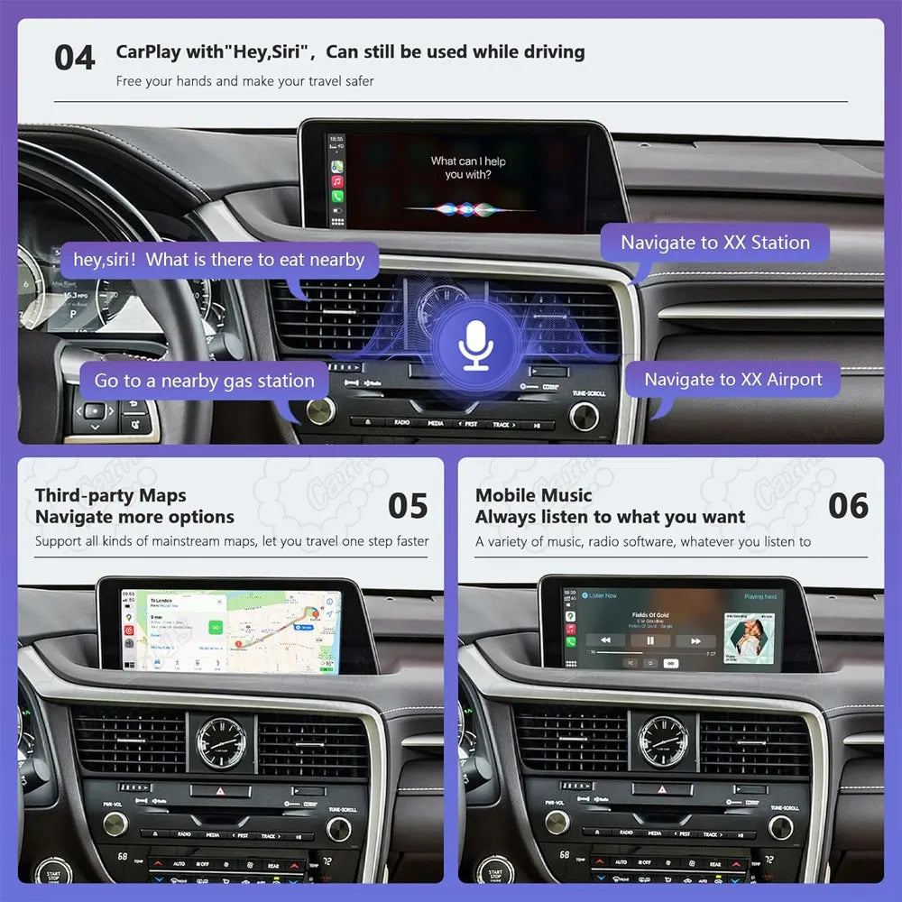 Three-panel graphic demonstrating Siri voice control for hands-free navigation, third-party map options, and mobile music play on Lexus dashboard.