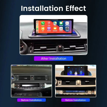 Before and after installation comparison of the Linux CarPlay multimedia screen upgrade for Lexus CT200h.