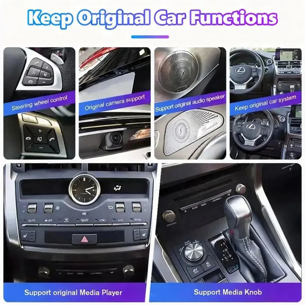 Lexus CT200h upgrade screen compatible with original steering wheel controls, media player, knobs, and audio speakers.