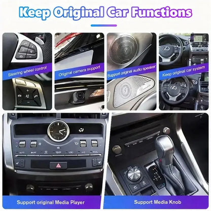 Lexus CT200h upgrade screen compatible with original steering wheel controls, media player, knobs, and audio speakers.