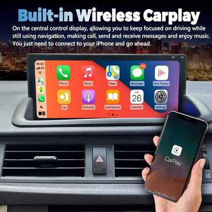 Dashboard view of Lexus CT200h central control display with built-in wireless CarPlay connected to an iPhone.