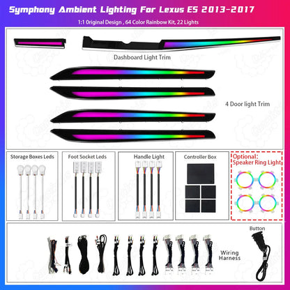 Professional ambient lighting tool kit for Lexus ES 2013-2017 featuring premium replacement dashboard and door trim panels with integrated 64-color symphony LED strips, master controllers, and plug-and-play wiring harness.