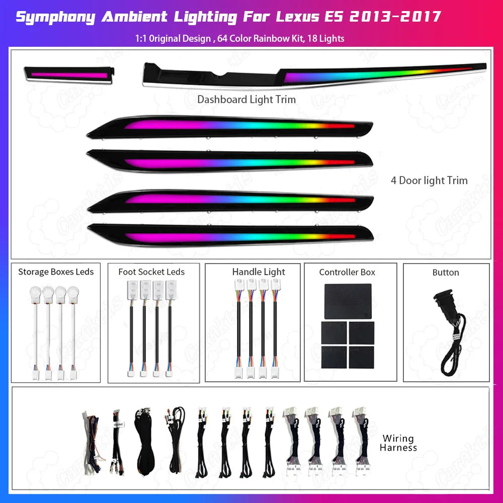 Professional ambient lighting tool kit for Lexus ES 2013-2017 featuring premium replacement dashboard and door trim panels with integrated 64-color symphony LED strips, master controllers, and plug-and-play wiring harness