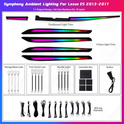 Professional ambient lighting tool kit for Lexus ES 2013-2017 featuring premium replacement dashboard and door trim panels with integrated 64-color symphony LED strips, master controllers, and plug-and-play wiring harness