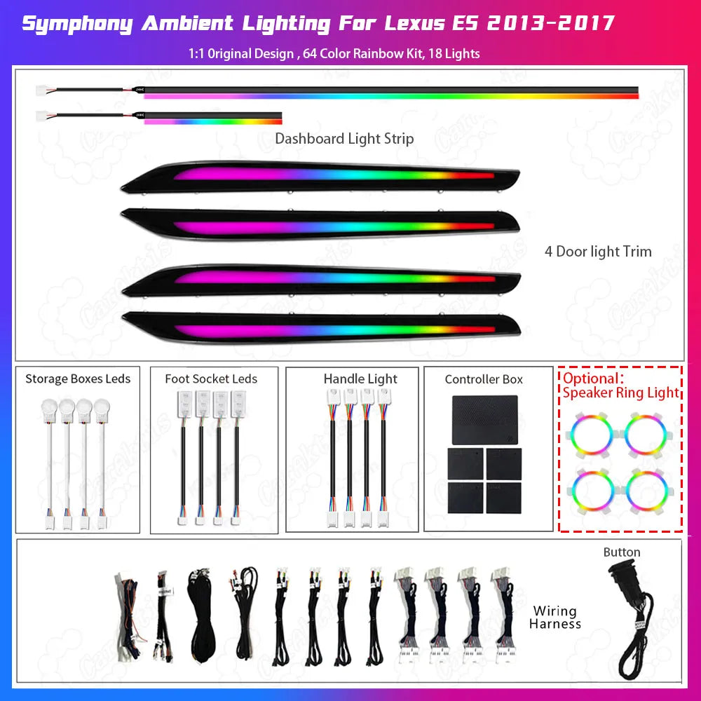Complete ambient light upgrade kit for Lexus ES 2013-2017 including 4 replacement door trim panels with built-in LED symphony lights and a dedicated dashboard LED strip, featuring plug-and-play wiring for a non-destructive install.