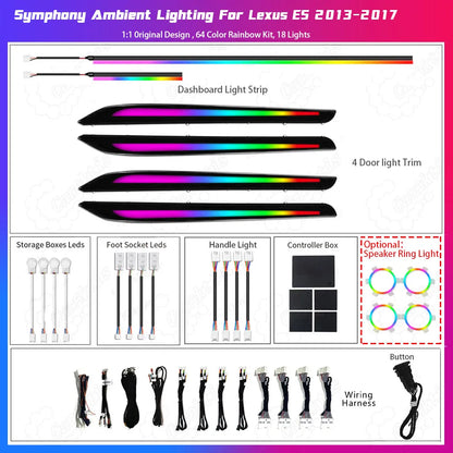 Complete ambient light upgrade kit for Lexus ES 2013-2017 including 4 replacement door trim panels with built-in LED symphony lights and a dedicated dashboard LED strip, featuring plug-and-play wiring for a non-destructive install.