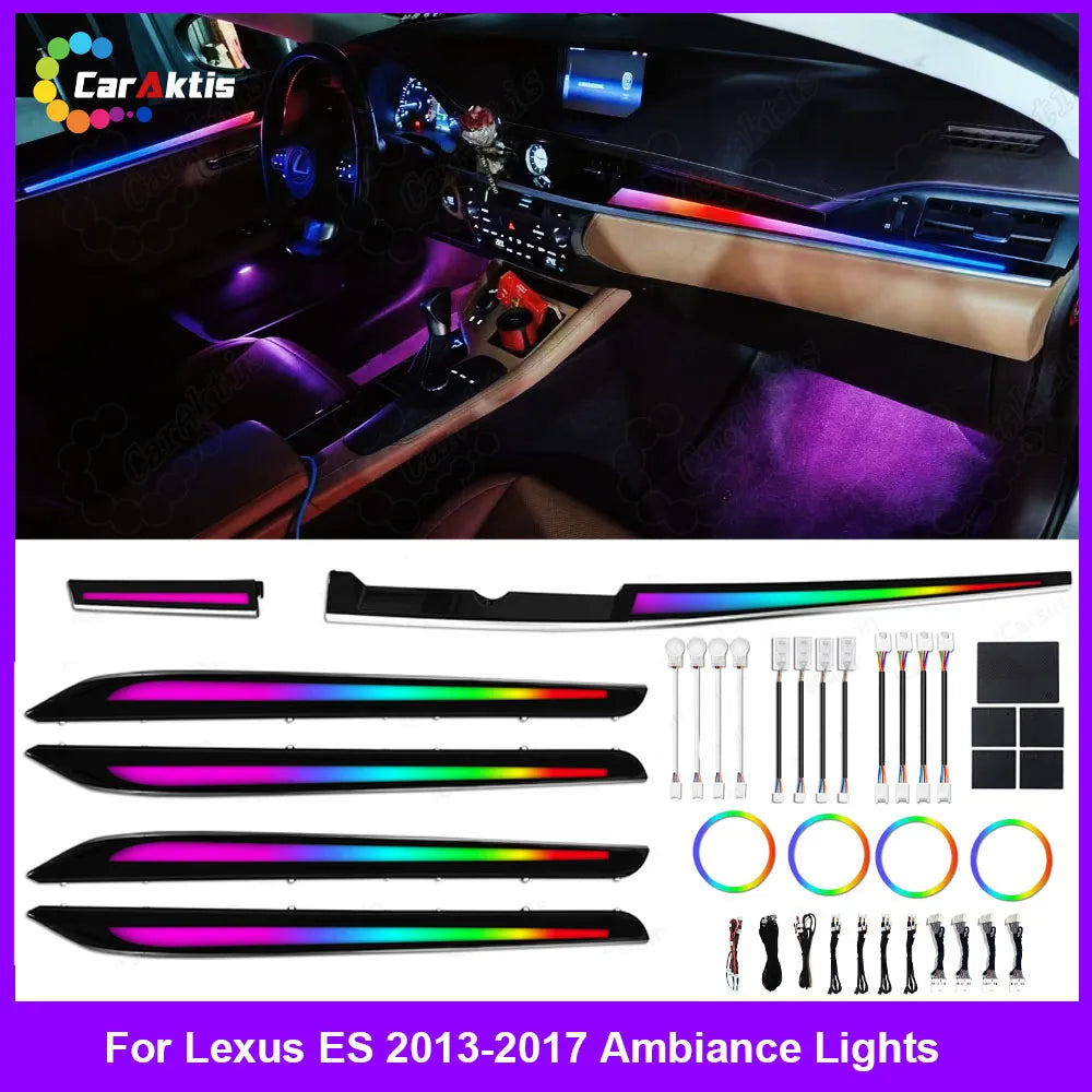 Caraktis complete 64-color symphony LED ambient lighting kit designed for Lexus ES 2013-2017 models, featuring all necessary wiring harnesses for plug-and-play installation.