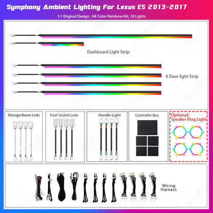 Showcase of a full LED strip ambient lighting kit for Lexus ES 2013-2017, featuring ultra-thin flexible RGBIC symphony strips, compact control box, and a complete wiring harness for a seamless hidden installation.