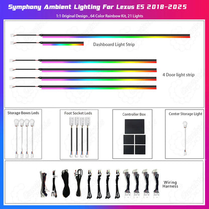 Complete package of Lexus ES LED ambient lighting upgrade kit including plug-and-play wiring harness and light strips on a white background.