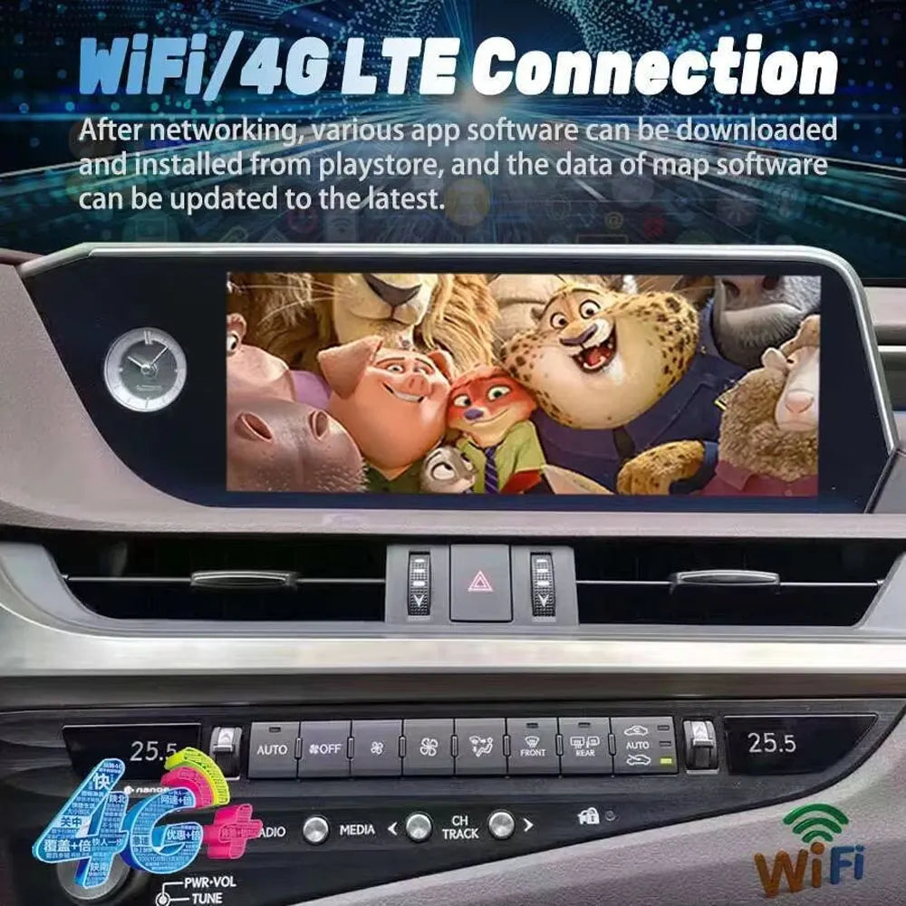 Lexus ES Android head unit with 4G LTE WiFi connection playing video media.
