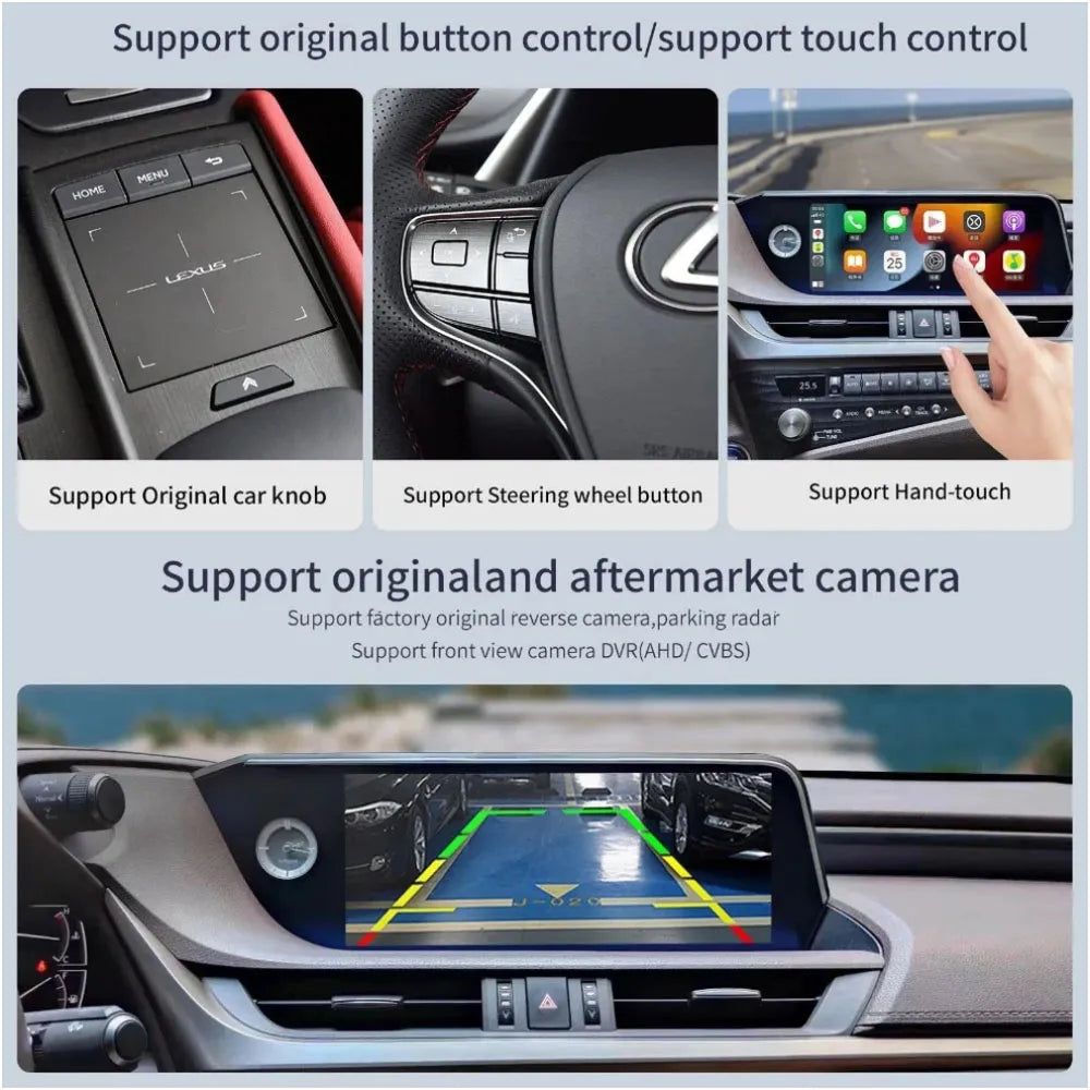 Lexus ES Android screen supporting original knob control, steering wheel buttons, touch control, and factory reverse camera.