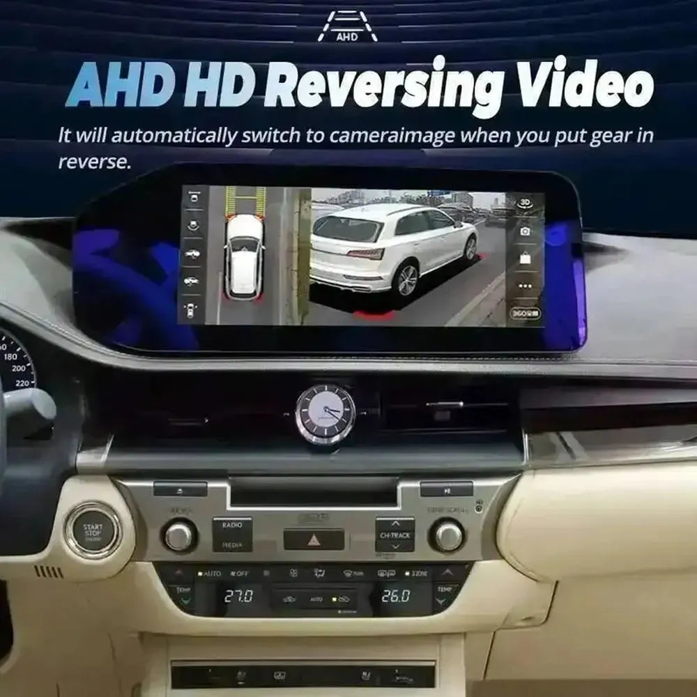 AHD HD reversing video camera display on the 12.3-inch Android stereo screen of a Lexus ES.