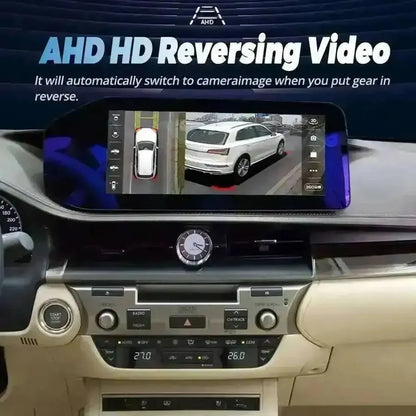 AHD HD reversing video camera display on the 12.3-inch Android stereo screen of a Lexus ES.