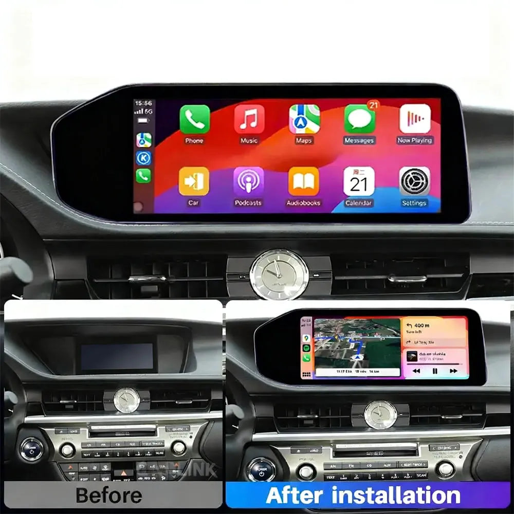 Before and after installation comparison of the 12.3-inch touchscreen upgrade in a Lexus ES dashboard.