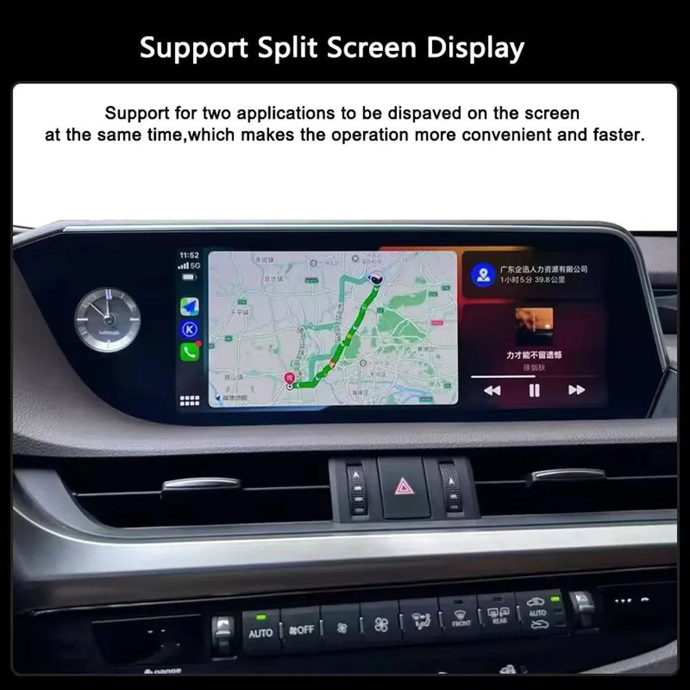 Lexus ES smart touchscreen displaying split-screen function with GPS map and music player simultaneously.