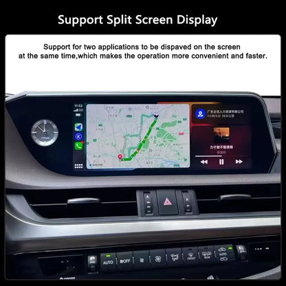 Lexus ES smart touchscreen displaying split-screen function with GPS map and music player simultaneously.