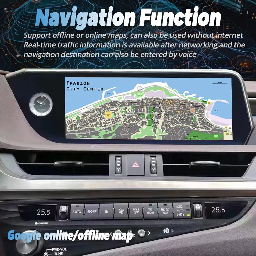 Lexus ES car multimedia player displaying Google online and offline GPS navigation system.