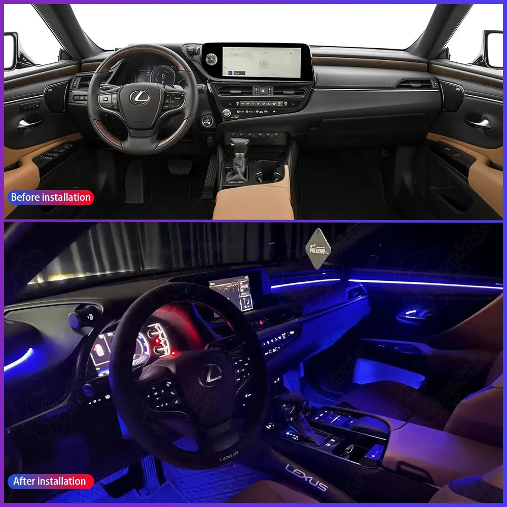 efore and after comparison of custom hidden LED ambient light strips installation for Lexus ES 2018-2025 interior.