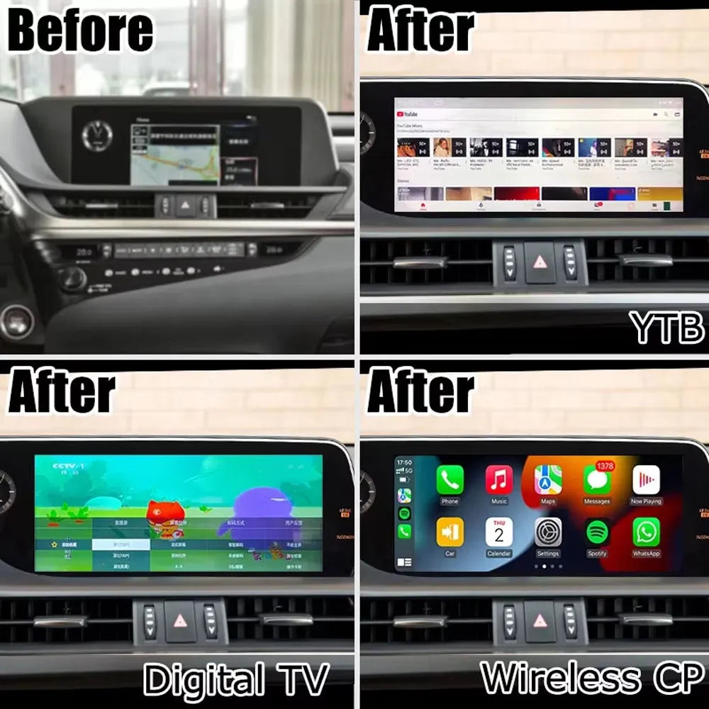 Before and after display upgrade for Lexus ES showing Wireless CarPlay, YouTube, and Digital TV features.