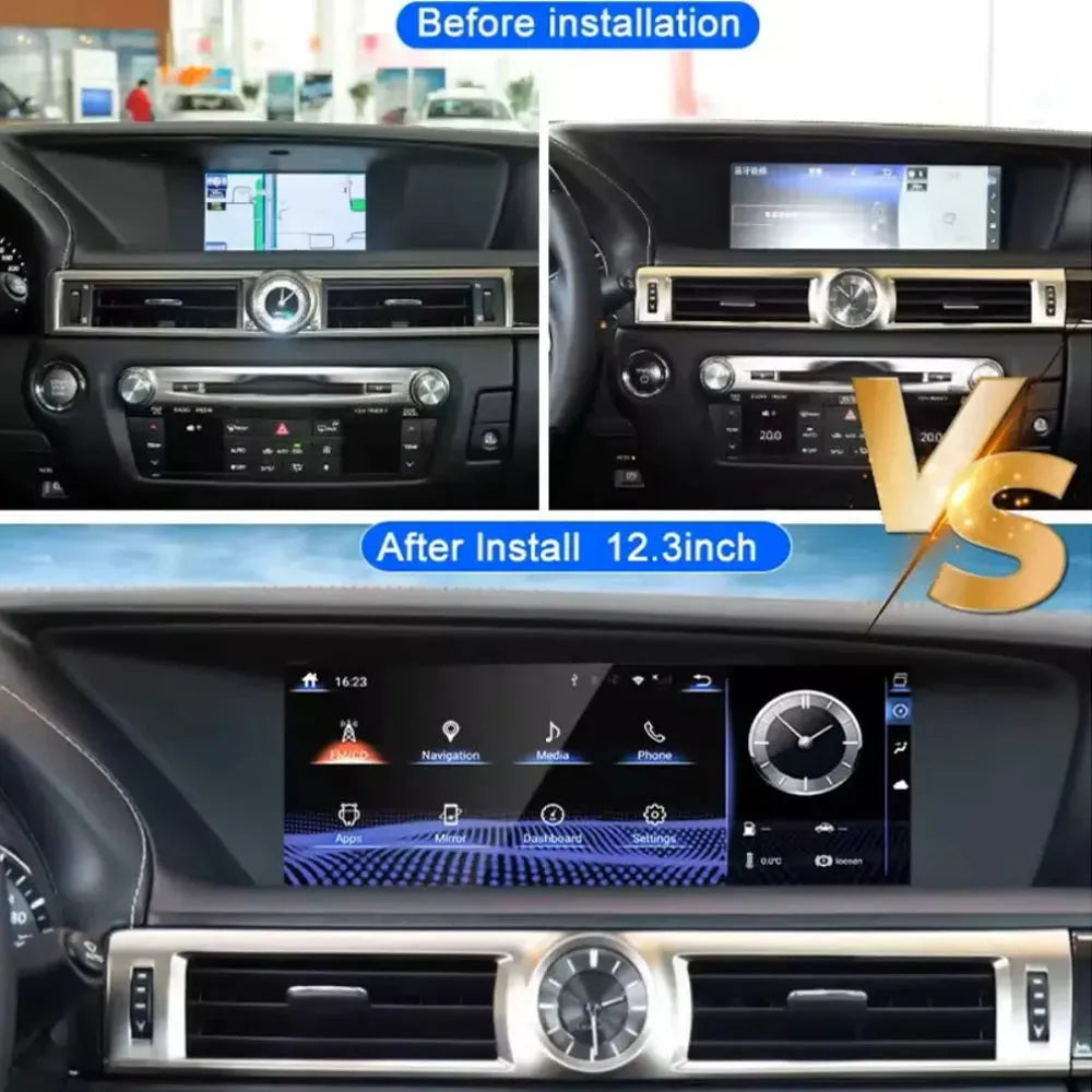Before and after 12.3 inch Android touchscreen upgrade comparison for Lexus GS 2012-2017 dashboard.