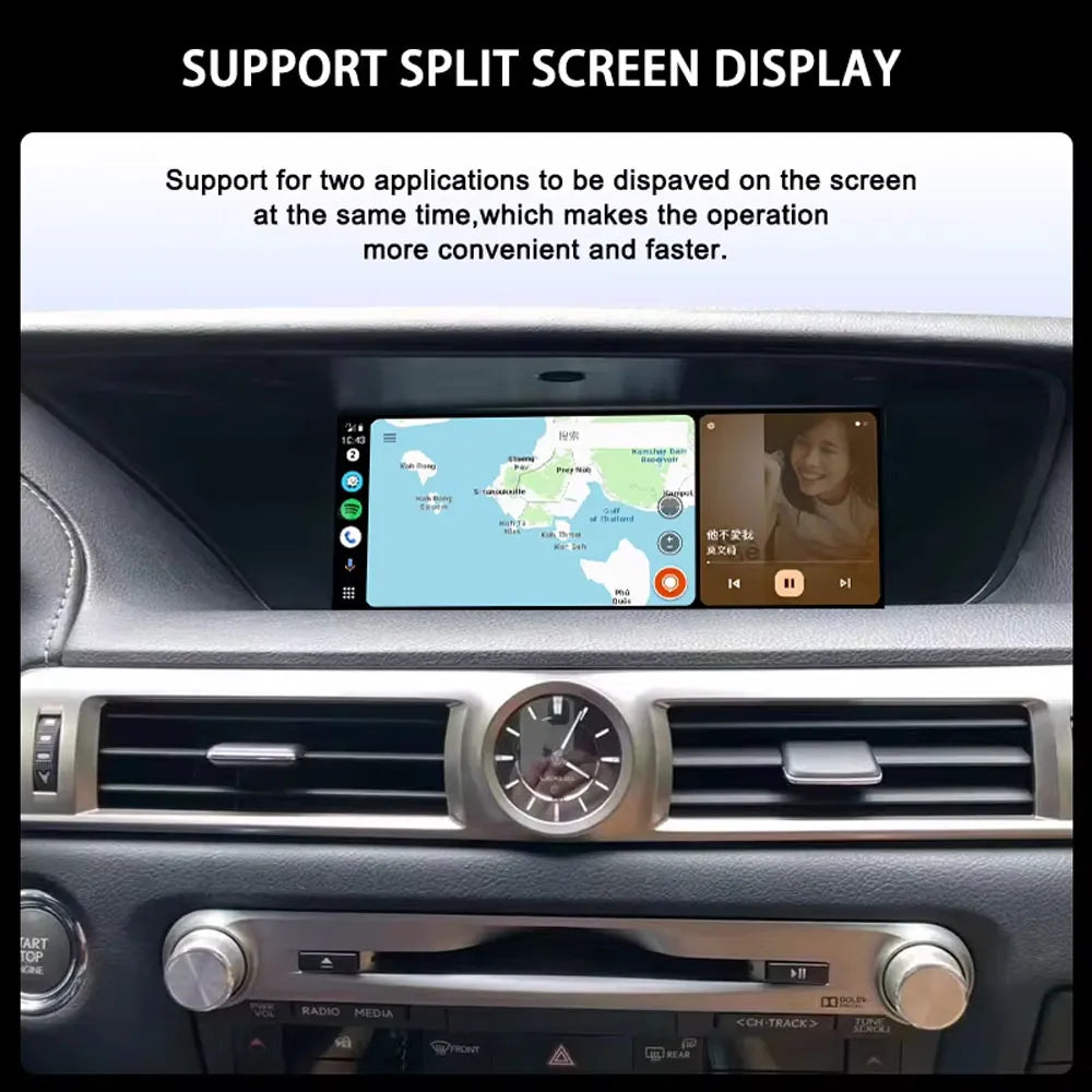 Split-screen display function showing GPS navigation map and video app simultaneously on Lexus GS.