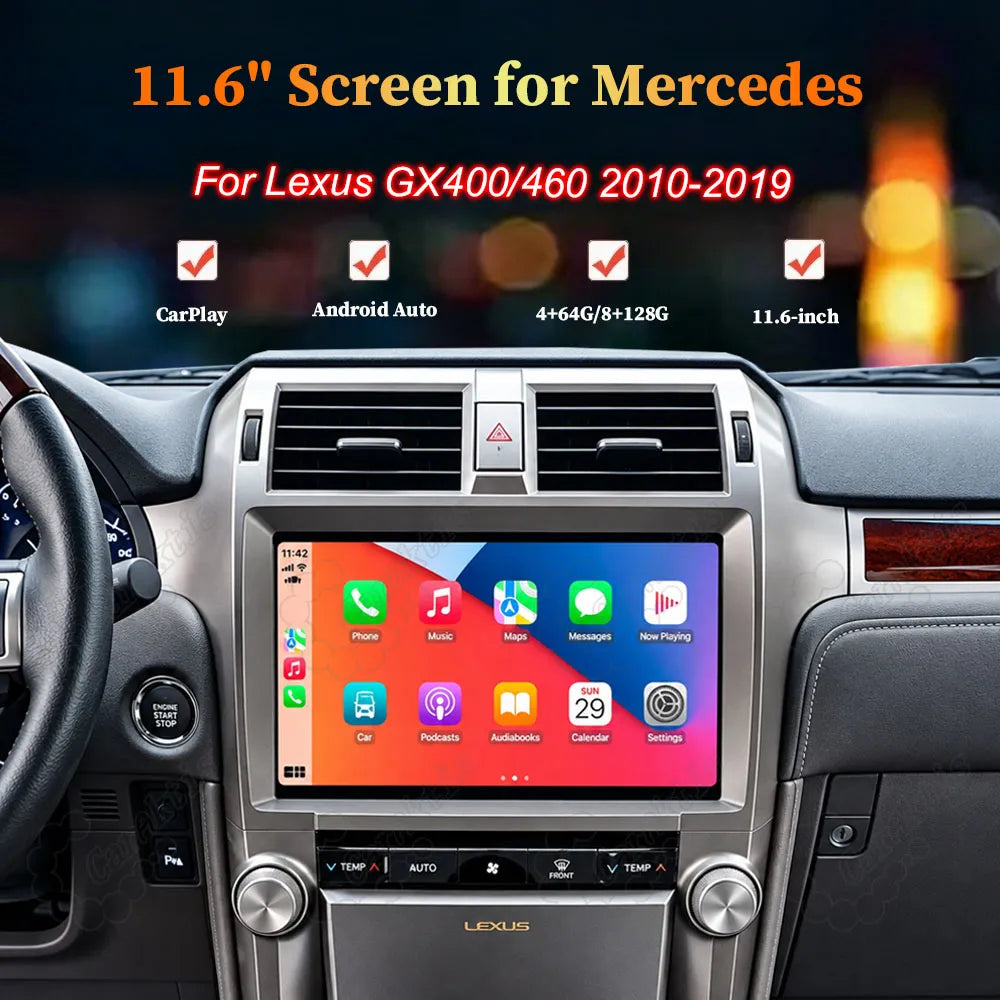 11.6 inch Android display screen for Lexus GX400 GX460 2010-2019 supporting Apple CarPlay and Android Auto.