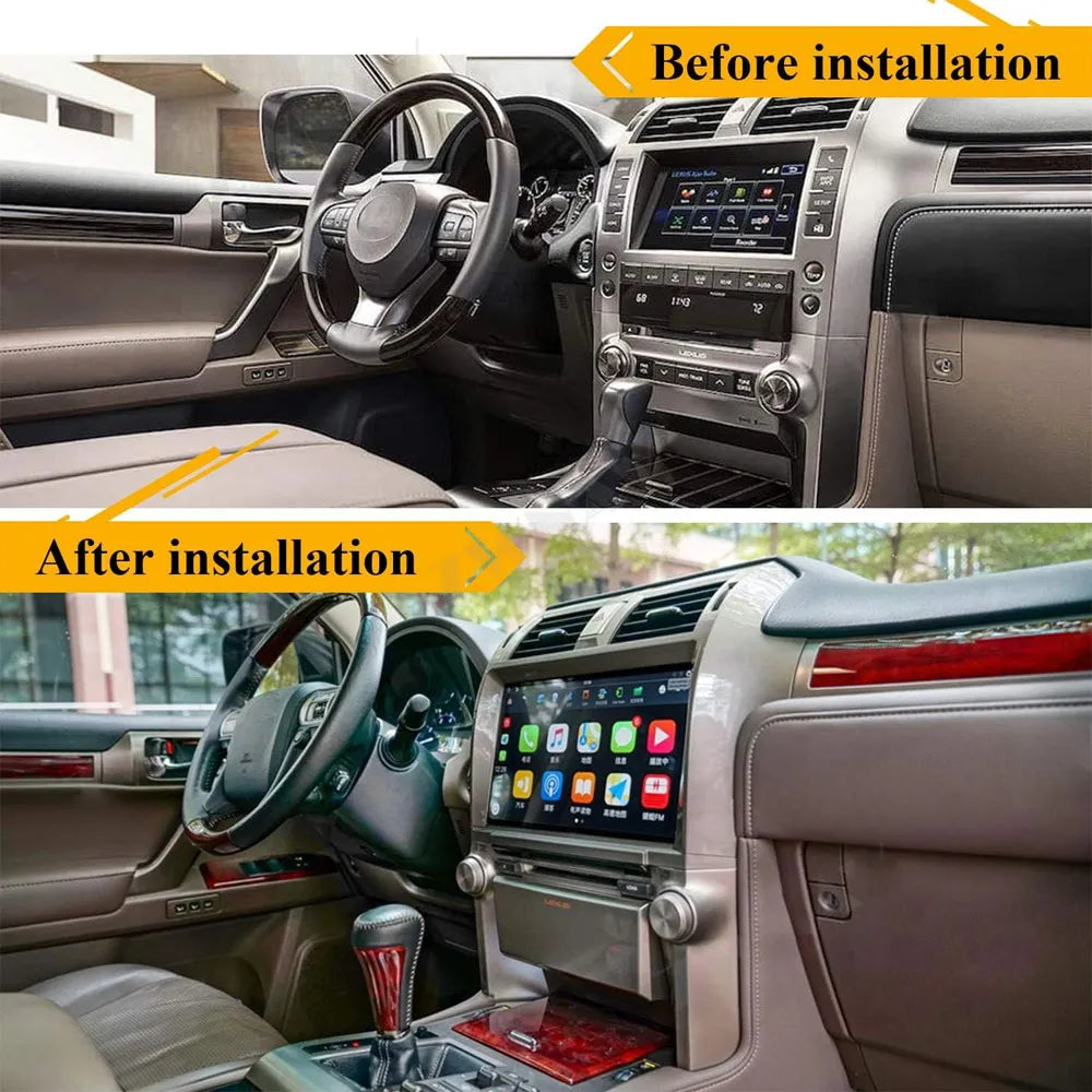 Before and after installation comparison of Lexus GX400 GX460 dashboard upgrade with 11.6 inch touchscreen.