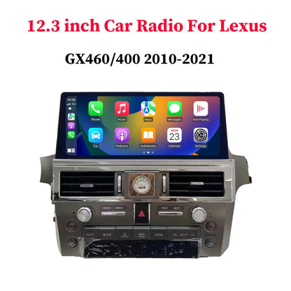 12.3-inch Android car radio stereo for Lexus GX460 and GX400 (2010-2021) featuring Apple CarPlay menu screen.