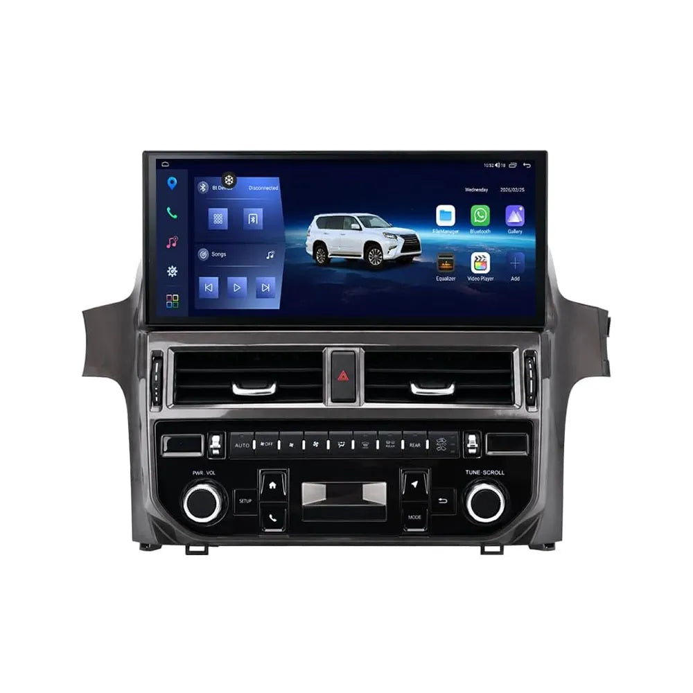 12-inch Android touchscreen stereo head unit upgrade for Lexus GX460 (2010-2021) featuring custom UI dashboard.