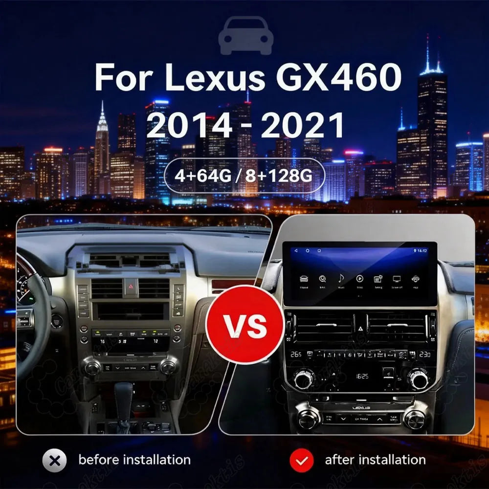 12-inch Android radio screen upgrade before and after installation for Lexus GX460 (2014-2021).