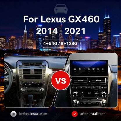 12-inch Android radio screen upgrade before and after installation for Lexus GX460 (2014-2021).