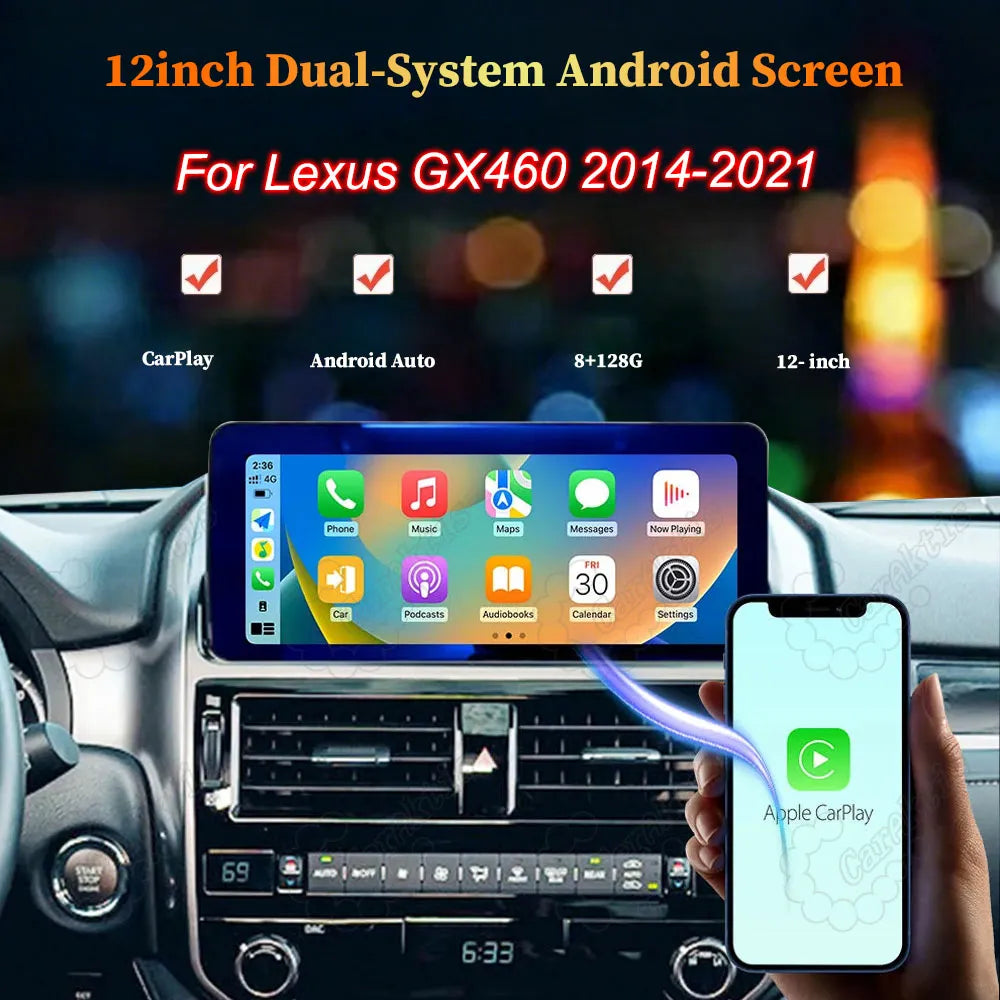 12-inch Android screen for Lexus GX460 featuring wireless Apple CarPlay and Android Auto integration.