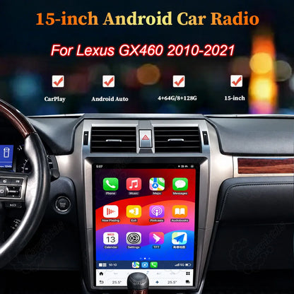 15-inch Android car radio head unit with touchscreen installed in a Lexus GX460 (2010-2021) supporting CarPlay and Android Auto.