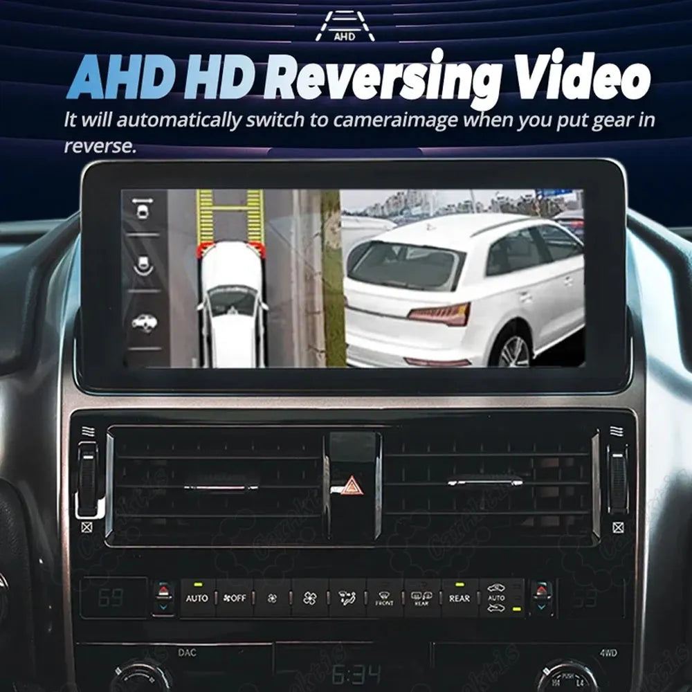 AHD HD reversing video display with automated split-screen parking assistance view.