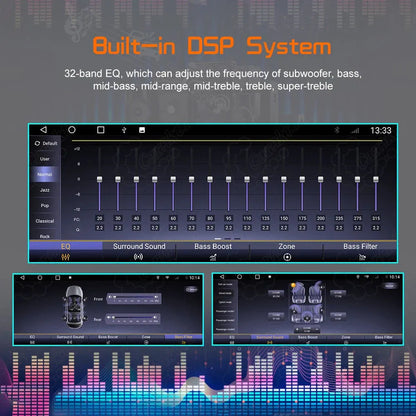 Built-in DSP audio system interface featuring a 32-band EQ, bass boost, surround sound, and sound zone settings for Lexus GX460.