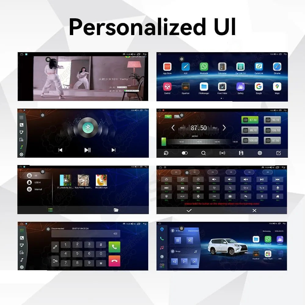 Personalized UI interface options including media player, FM radio, equalizers, and Bluetooth settings.