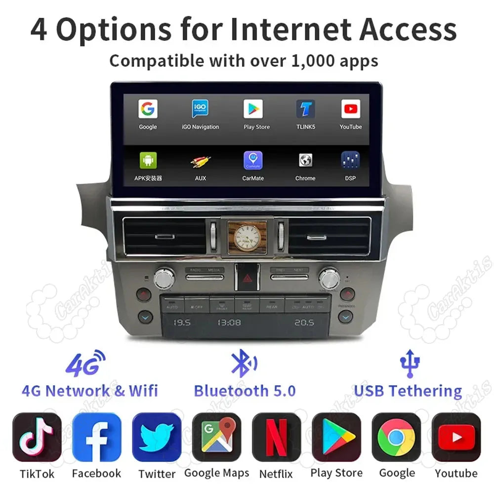 4G network, WiFi, and Bluetooth 5.0 connectivity options supporting apps like Google Maps, YouTube, and Play Store.
