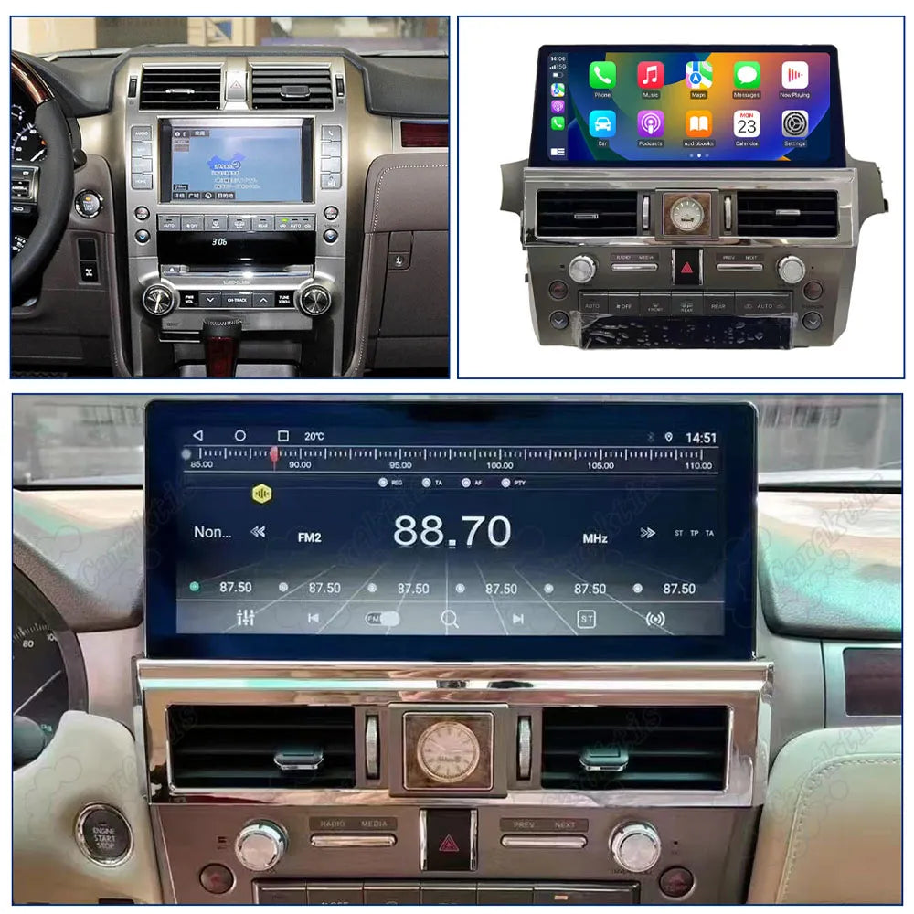 Upgraded 12.3-inch Android multimedia head unit showing Apple CarPlay and FM radio display in Lexus GX460.