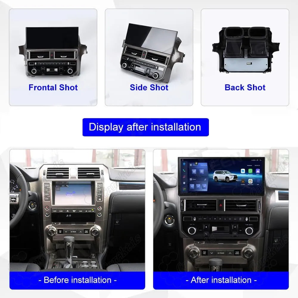 Frontal, side, and back views of the Lexus GX460 12-inch Android head unit with a before and after installation comparison.