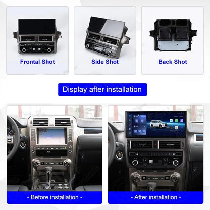 Frontal, side, and back views of the Lexus GX460 12-inch Android head unit with a before and after installation comparison.