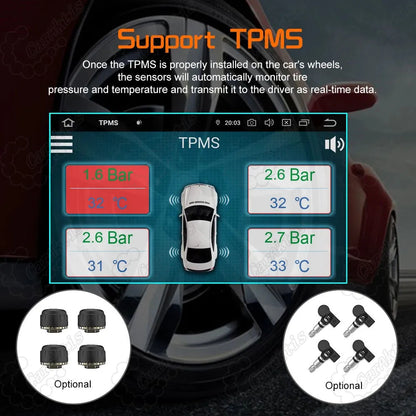 Real-time TPMS tire pressure and temperature monitoring system interface on Lexus GX460 Android car radio.