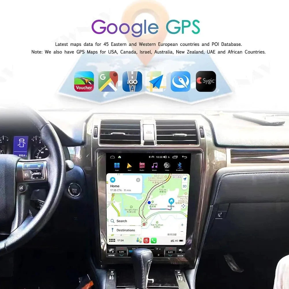 Google GPS navigation system with detailed street maps displayed on the large screen of the Lexus GX460 radio.