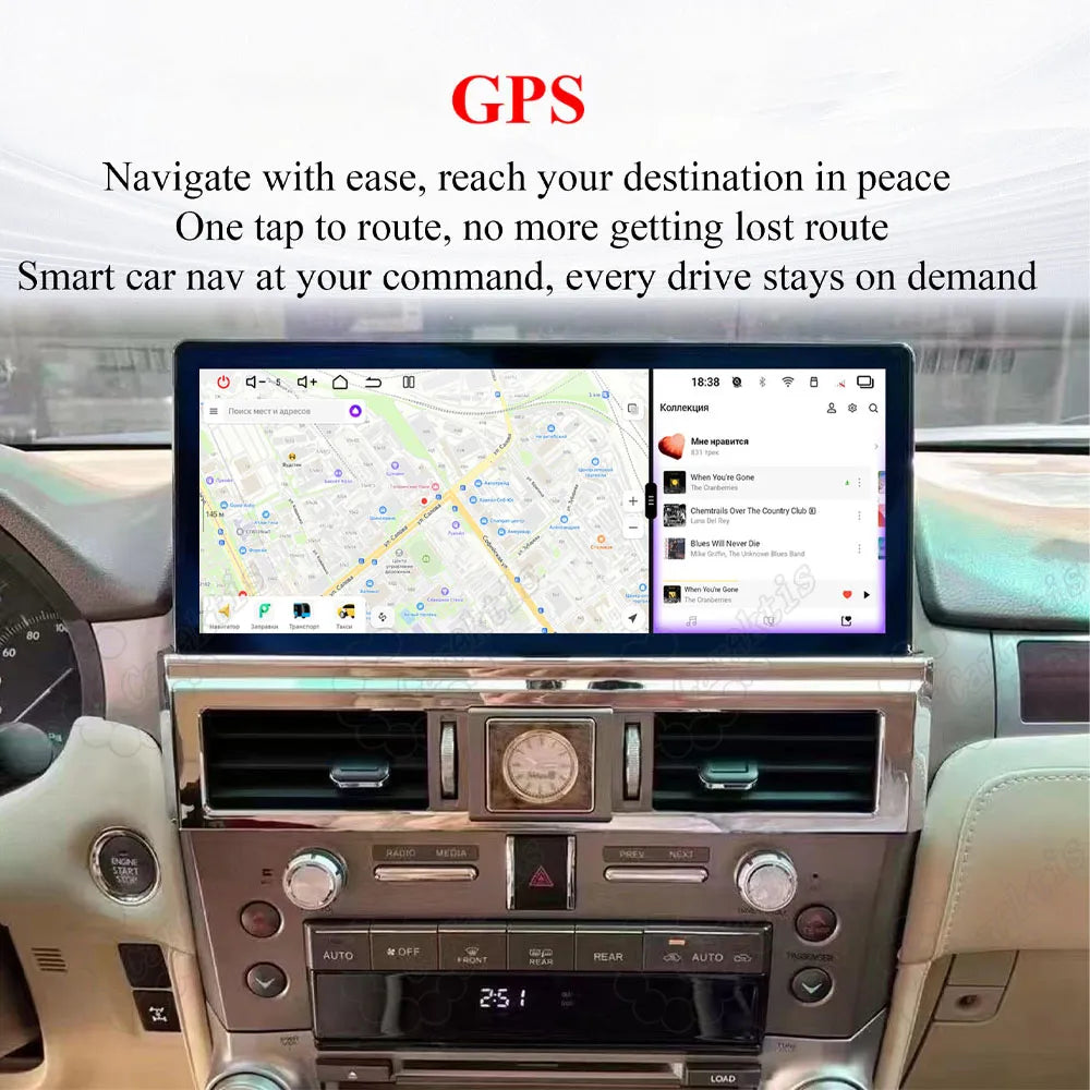 Smart GPS navigation map displayed alongside music player on the 12.3-inch screen for Lexus GX460.