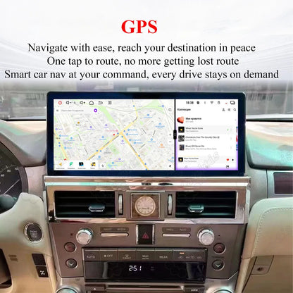 Smart GPS navigation map displayed alongside music player on the 12.3-inch screen for Lexus GX460.