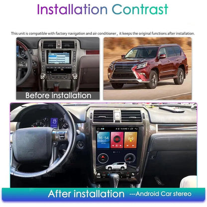 Before and after installation comparison showing the upgraded 15-inch Android stereo replacement in a Lexus GX460 dashboard.
