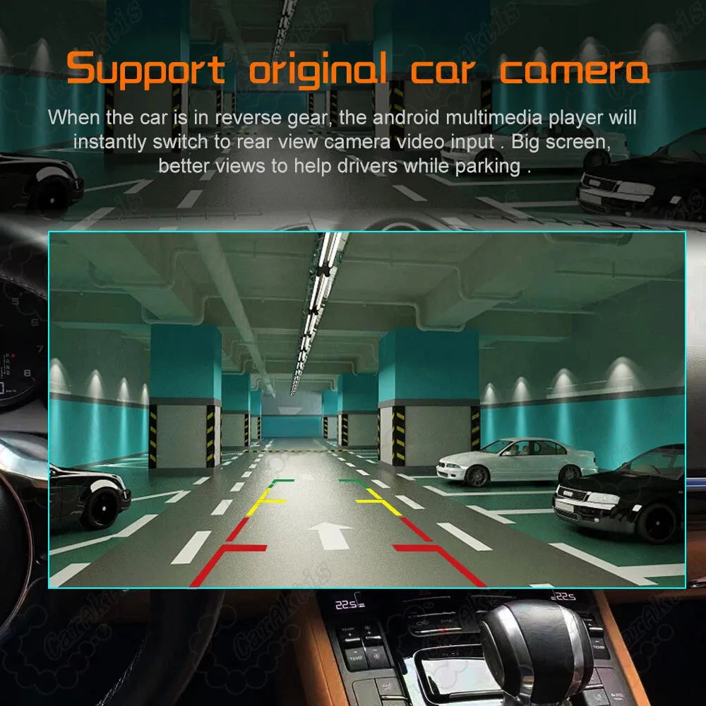 Original OEM backup camera view displayed on Lexus GX460 12-inch Android multimedia screen with parking grid lines.