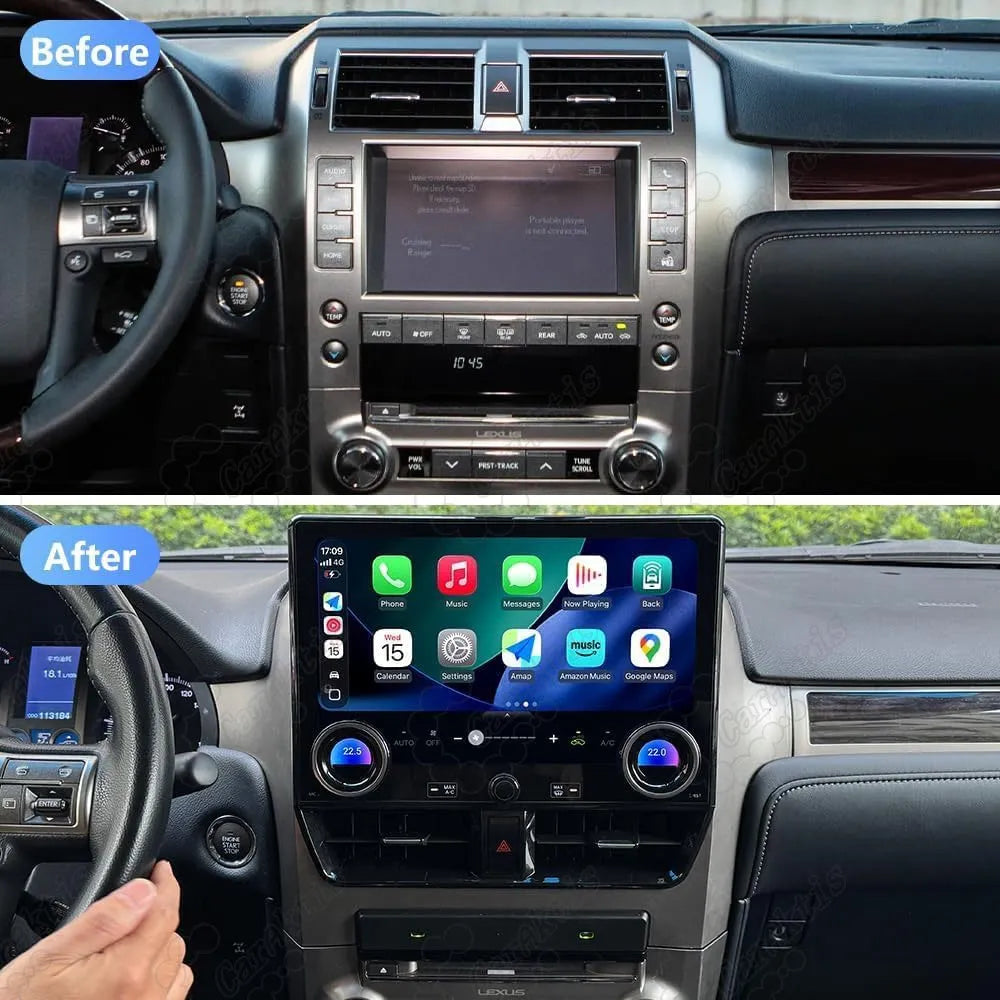 Before and after installation comparison of factory stereo and 13.3 inch Android radio for Lexus GX460